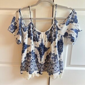 Forever 21 Blue and White Open Shoulder Blouse